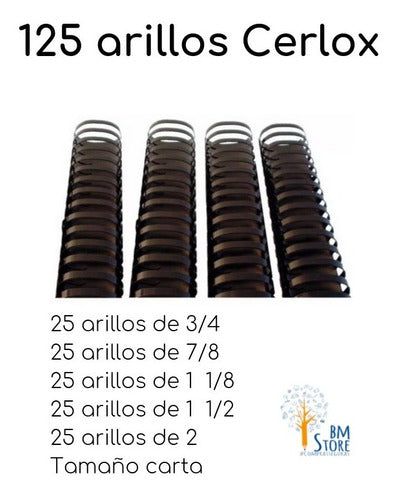 Combo 125 Arillos Cerlox De 3/4,7/8,1 1/8,1 1/2 Y 2 Pulgadas