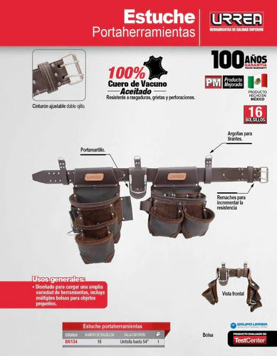 Cinturón Portaherramientas De Cuero Urrea® 16 Compartimentos