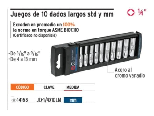 Juego Dados Largos  /4' 10pz Milimétricos Truper 14168