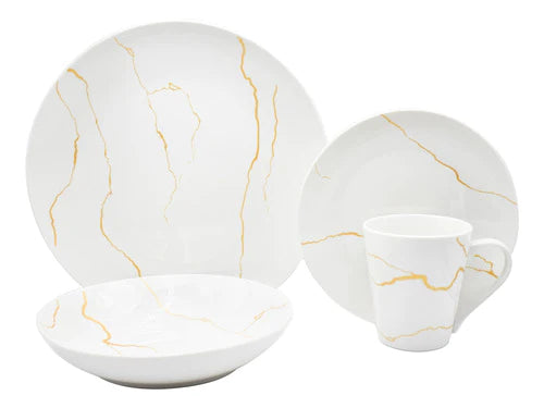 Vajilla Blanca Moderna Porcelana Marmol C Oro Kaiser 16pz