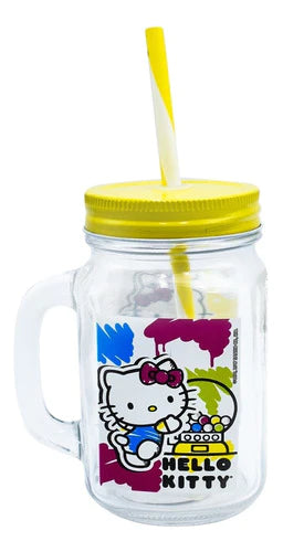 12 Vasos De Vidrio Mason Jar Hello Kitty Tapa Y Popote 450ml
