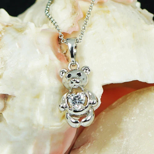 Collar Cadena Dije Oso Corazón Diamante Onix Oro Blanco 18k