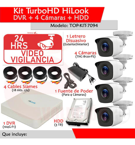 Kit Videovigilancia Dvr Hd 4 Camaras + Disco Duro 3tb Hilook