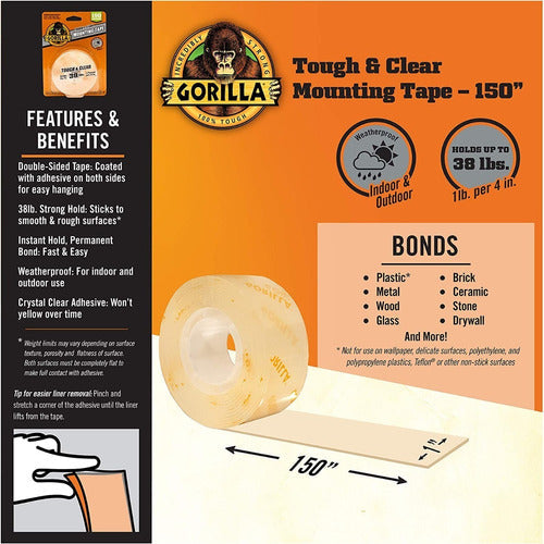 Gorilla Tough & Clear Cinta Montaje Doble Cara 2.54cmx3.81mt