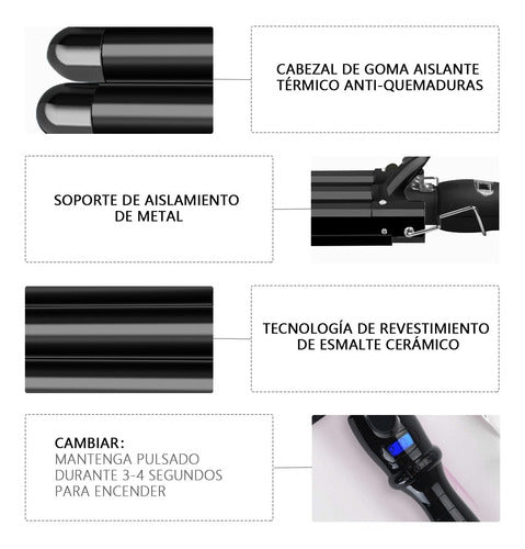 Tenaza Rizadora Cabello Para Ondas 3 Barriles 25mm Negro