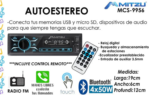 Autoestereo Touch Bluetooth Audio Coche Carro Usb Control