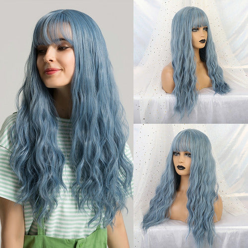 Pelucas Azul Larga Ondulada Natural,peluca Mujer Cosplay