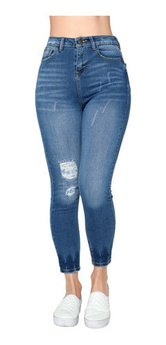 Pantalón Jeans Mujer Mezclilla Azul Alta Cintura Desgaste