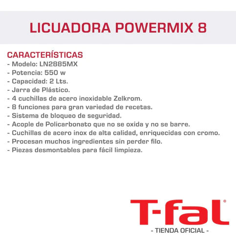 Licuadora Power Mix T-fal Ln2885mx Vaso Plástico Grande 2lts