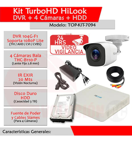 Kit Videovigilancia Dvr Hd 4 Camaras + Disco Duro 3tb Hilook