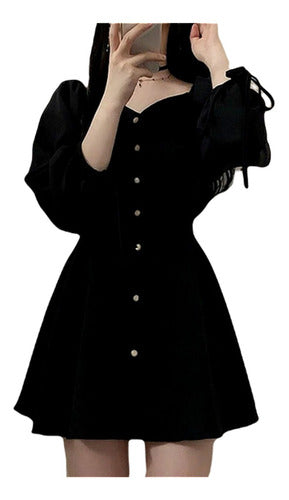 Vestido Elegante Vintage Negro Manga Larga Dama M-384