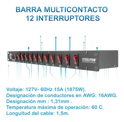 Barra Multicontacto 12 Interruptores - 127v Sw-12 - Steelpro
