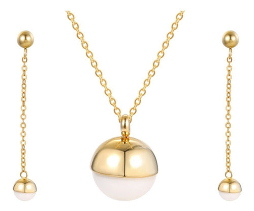 Set Elegante De Perlas Para Mujer Acero Inoxidable + Oro 24k