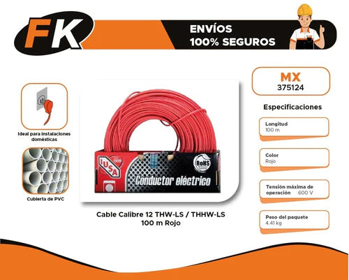 Cable Calibre 12 Thw-ls / Thhw-ls 100 M Rojo
