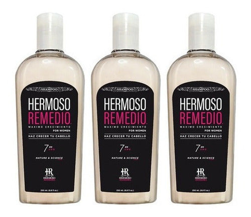 Pack Shampoo Hermoso Remedio ® Crecimiento Acelerado Anticaida Reparador Hidratante Anti Frizz Para Mujer 250ml Por 3 Unidades