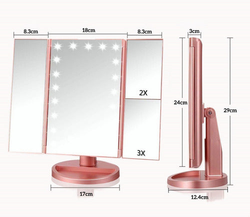 Espejo Maquillaje Plegable Con Luz Tríptica Aumentos 3x/2x