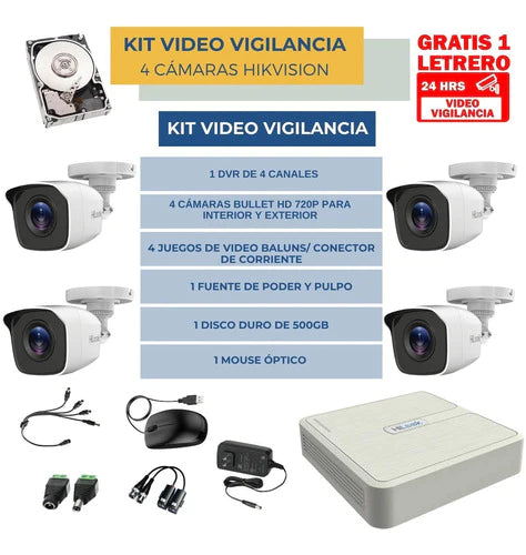 Kit De Video Vigilancia 4 Cámaras Hikvision 500gb Baluns