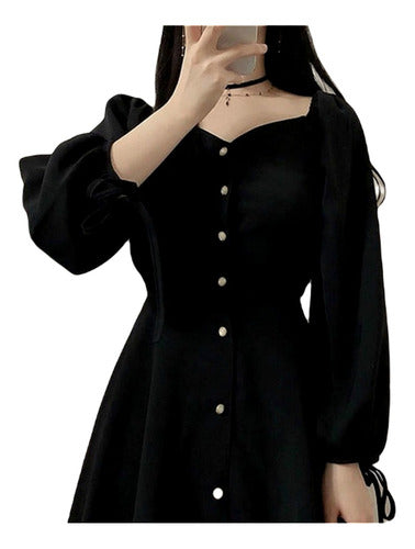 Vestido Elegante Vintage Negro Manga Larga Dama M-384