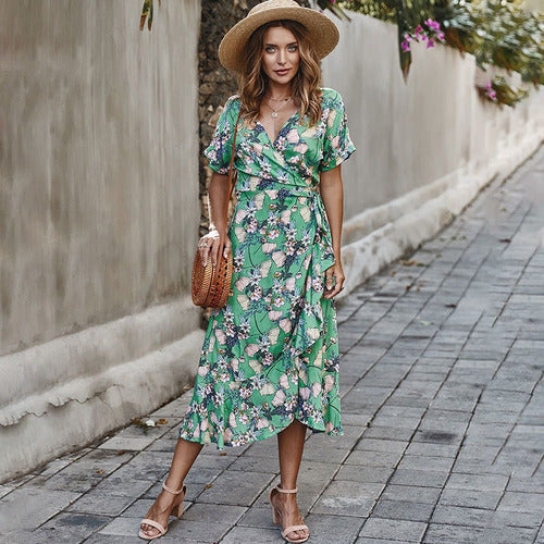 Vestidosfashion Women Summer Floral Print Dress Short Sleeve