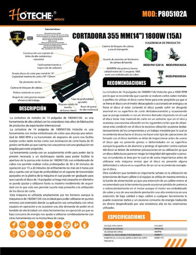Cortadora De Metales /tronzadora/ 355mm (14) 1800w Hoteche