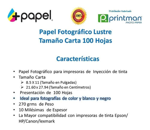 Papel Foto Lustre Tamaño Carta 100 Hojas. Envio Gratis!
