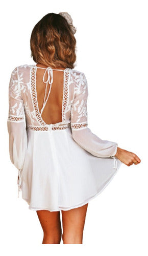 Vestido Blanco Corto Casual Encaje Playa Mujer M-037