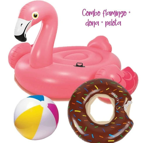 Combo Flamingo Gigante + Dona + Pelota Jumbo Pool Party