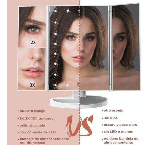 Espejo Maquillaje Plegable Con Tríptica Aumentos 10x/3x/2x