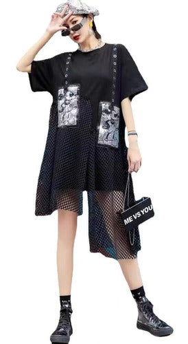 Gótico Vestido Negro De Malla De Manga Corta Para Mujer