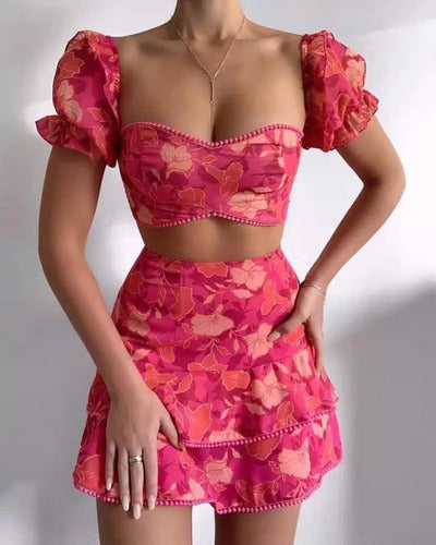 Falda Corta + Top Rojo Flores Sexy Playa Elegante Girlboss