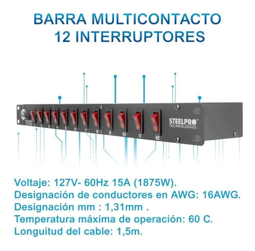 Barra Multicontacto Switchera 12 Contactos Rack Steelpro