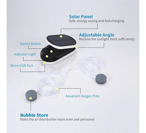 Bomba De Aire Para Acuario Pecera Panel Solar 2 Piedras Aire