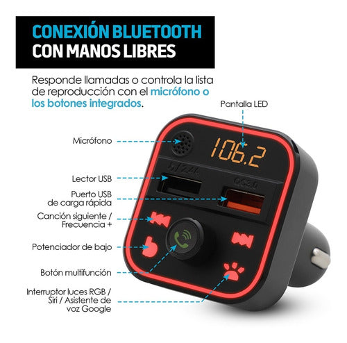Transmisor Fm Bluetooth Para Auto Con Manos Libres Redlemon