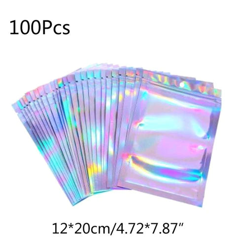 100 Bolsas Plastico Tornasol Holografica Resellables 12x20cm