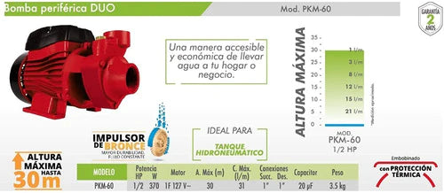 Bomba De Agua Periferica Duo 1/2hp 370w, Pkm60 Igoto