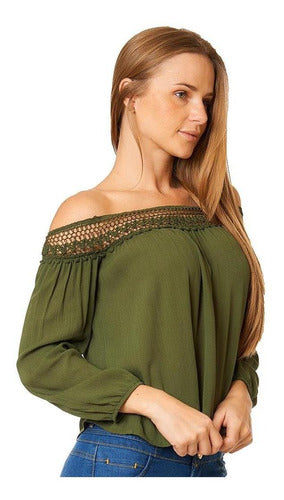 Blusa Mujer Crochete En Escote Hombros Caídos Casual Verde