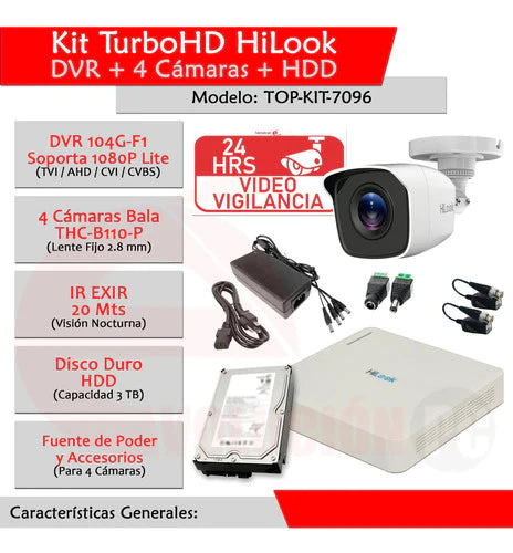 Kit Videovigilancia Hilook Dvr Hd 4 Camaras + Disco Duro 3tb