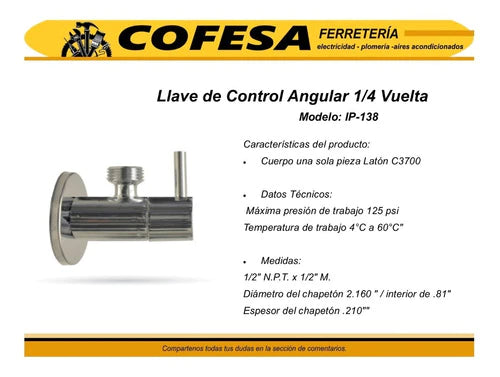 Llave Angular 1/4 De Vuelta 1/2  Fnpt X 1/2  M Coflex Ip-138