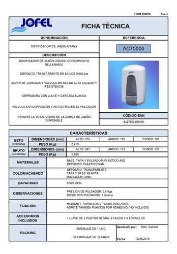 Dispensador De Jabón Jofel Ac70000 Aitana Rellenable Blanco