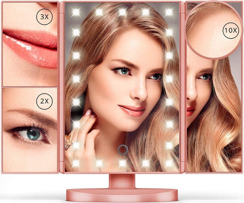 Espejo De Maquillaje Usb Luz Triptica Aumentos 10x/3x/2x/1x