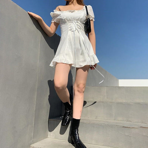 Elegante Mini Vestido Blanco Con Lazo De Seda Francesa