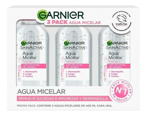Agua Micelar Garnier Skin Active 3pzas De 400 Ml C/u