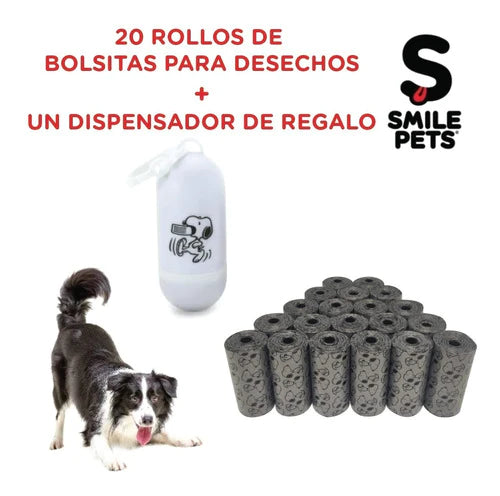 20 Rollos De 15 Bolsitas Para Perro + Dispensador Peanuts