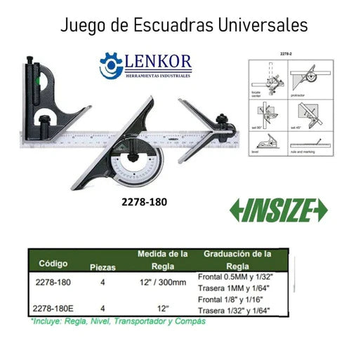 Jgo. De Escuadras Universal 12  Insize 2278-180e
