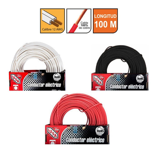 Combo 3 Cajas Cable Iusa Rojo,negro,blanco Thw Cal.12 100 M